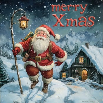 A cheerful Santa Claus strolls through a snowy landscape carrying gifts and spreading holiday joy outside a cozy cabin.