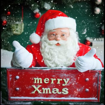 Santa Claus dressed in festive red gives a thumbs up while wishing everyone a Merry Xmas in a wintery setting filled with snow.