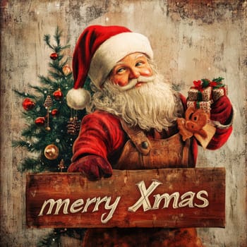 A cheerful Santa Claus holds a sign wishing merry Christmas while standing next to a decorated tree adorned with ornaments.