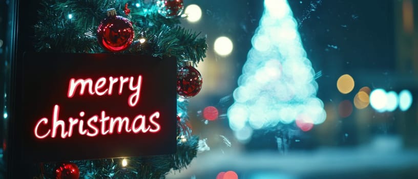 A vibrant Christmas tree shines in the background framing a decorative sign wishing everyone a Merry Christmas in a joyful setting.