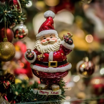 A delightful Santa ornament stands on a decorated Christmas tree surrounded by shimmering ornaments and holiday lights.