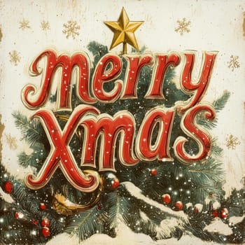 A vibrant Christmas greeting showcases the words Merry Xmas with festive decorations and a sparkling star atop a lush green tree.