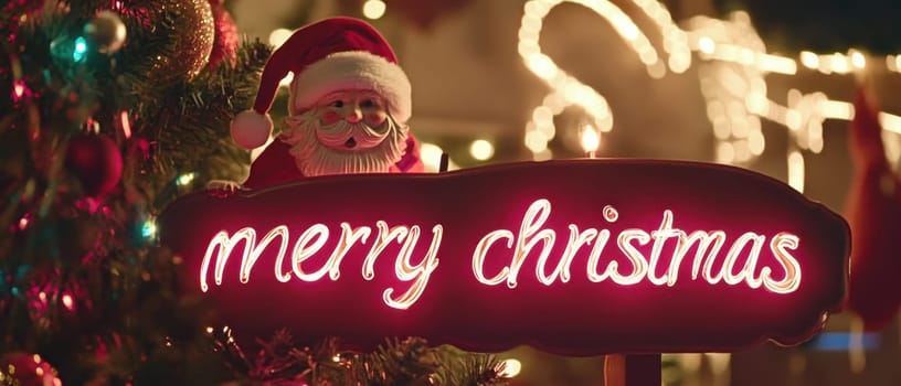 A festive display features Santa Claus next to a glowing Merry Christmas sign under twinkling lights.