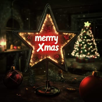 A lit star ornament reads Merry Xmas set against a beautifully adorned Christmas tree creating a cozy holiday atmosphere.