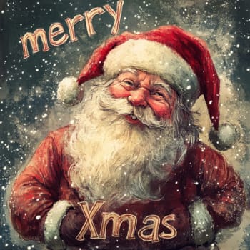 A jolly Santa Claus smiles warmly while surrounded by falling snowflakes celebrating the festive spirit of Christmas.