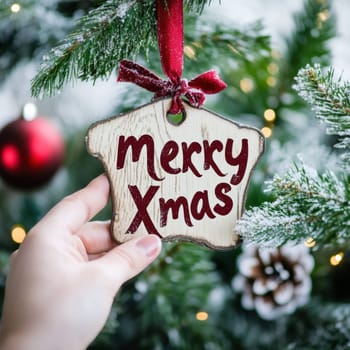 A hand holds a cheerful ornament that reads merry Xmas adorned with red sparkles among green pine branches.
