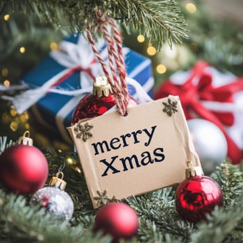 A beautifully decorated Christmas tree features red ornaments a gift box and a cheerful message on a card hanging from the branches.