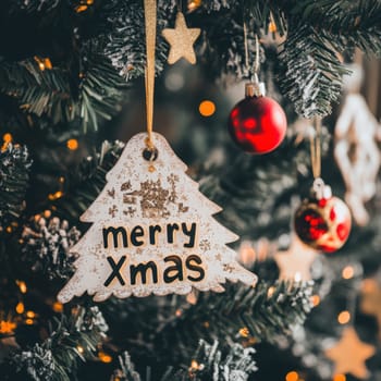 A lush green Christmas tree adorned with bright red ornaments and a wooden sign reading merry Xmas hangs cheerfully among twinkling lights.