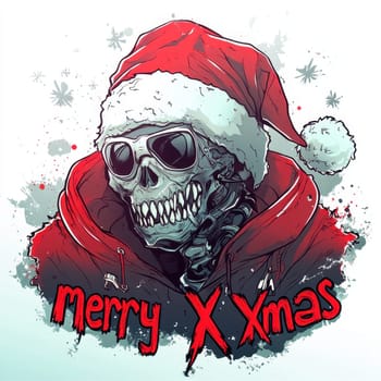 A skeleton wearing a Santa hat and sunglasses is joyfully celebrating Christmas with a festive vibe and a holiday message.