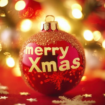 A bright red ornament with the message Merry Xmas rests among golden lights and festive decorations creating a joyful holiday atmosphere.