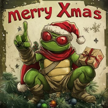 A cheerful turtle dressed in a Santa hat and scarf sits among holiday decorations holding a gift and celebrating the festive season.