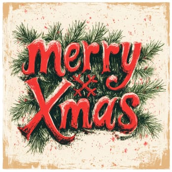 A festive greeting features the words Merry Xmas adorned with pine branches and a rustic background conveying holiday cheer and warmth.