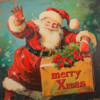 A cheerful Santa Claus waves while holding a box decorated with festive greenery celebrating the Christmas spirit.