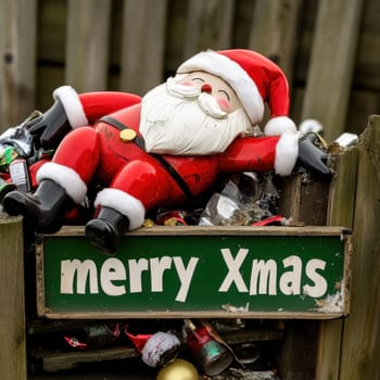 A jolly Santa Claus figure lounges cheerfully atop a sign wishing Merry Xmas amid holiday decorations and festive debris.