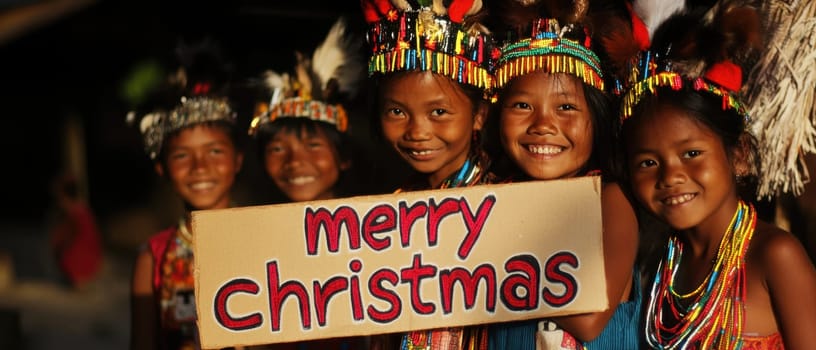 A group of smiling children from an indigenous community holds a festive sign celebrating Christmas while adorned in traditional attire.