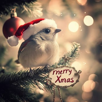 A small bird adorned with a Santa hat perches on a green Christmas tree branch near a festive ornament spreading holiday cheer.