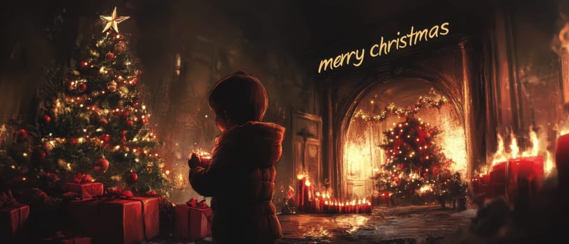 A child stands in awe in a dimly lit room filled with Christmas decorations warm lights and festive gifts.