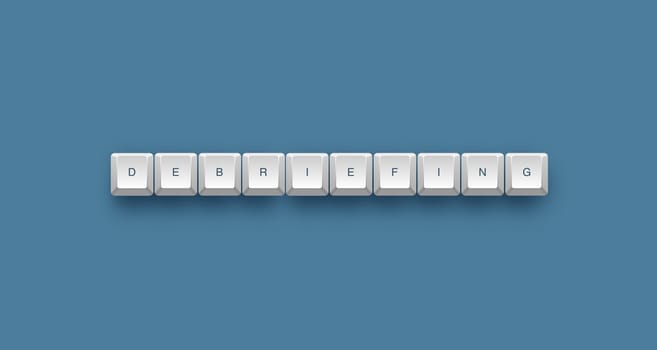 Debriefing text on a 3d keyboard button with shadow, 3d illustration