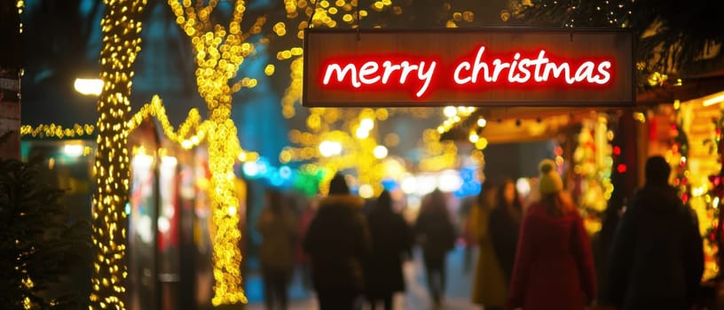 Crowds stroll through a beautifully lit holiday market under glowing Christmas decorations during the winter season.