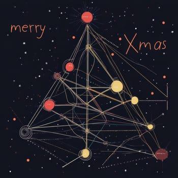 A festive tree illustration features bright circles and connecting lines creating a unique geometric holiday decoration.