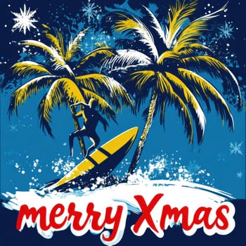 A surfer joyfully rides a wave beneath palm trees while celebrating Christmas with festive decorations in the background.