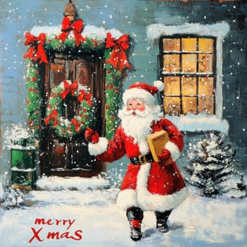 A cheerful Santa Claus walks through fresh snow holding a gift surrounded by festive decorations and a wreath on the door.