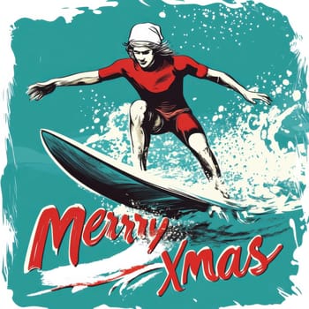 A surfer confidently glides across a vibrant wave celebrating the spirit of Christmas with a festive outfit.