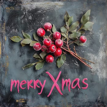 A festive arrangement features red berries and green leaves with a cheerful Merry XMAS written below perfect for holiday cheer.