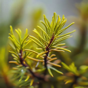 Delicate green foliage of a coniferous plant displays intricate textures and colors under gentle sunlight showcasing natures beauty.