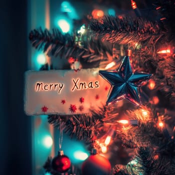 A beautifully decorated Christmas tree glimmers with lights and ornaments featuring a star and a festive message wishing Merry Christmas.