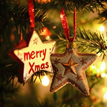 Beautiful ornaments adorn a Christmas tree creating a warm and joyous holiday atmosphere with sparkling lights in the background.