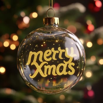 A beautiful ornament hanging on a Christmas tree featuring the joyful message in glittery gold surrounded by festive lights.