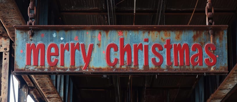 A rusted festive sign reading Merry Christmas is suspended from a rustic overhead structure in a dimly lit space.