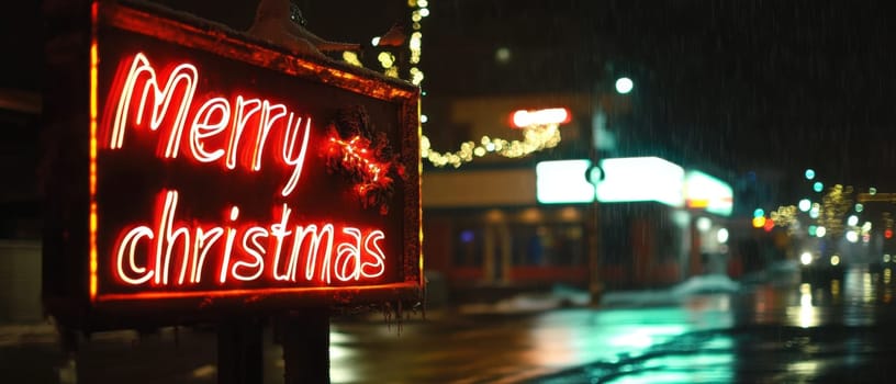 A neon sign lights up the street conveying holiday cheer as snow falls softly in the nighttime setting adding to the atmosphere.
