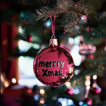A shiny red ornament with the text merrry Xmas dangles from a Christmas tree surrounded by festive decorations and warm lights.