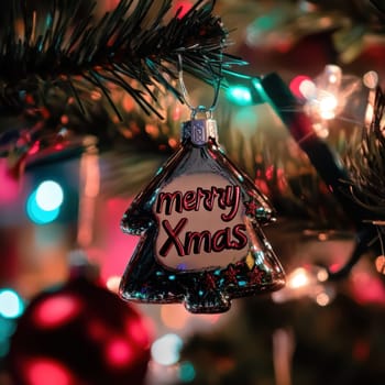 A decorative Christmas tree ornament shines brightly amidst colorful lights enhancing the holiday spirit during the winter season.