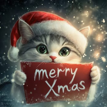 A playful kitten in a Santa hat cheerfully holds a red sign wishing everyone a merry Christmas amidst falling snow.