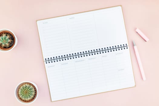 Top view flat lay of workspace desk styled design office supplies and cactuses succulents with copy space millennial pink color paper background minimal style. Template for feminine blog social media