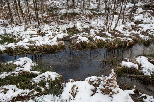 Winter landscape on a small river with snow