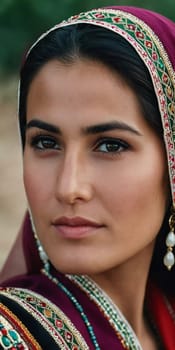 A Tajik woman 30 years old stands gracefully, showcasing her traditional attire against a breathtaking backdrop of defocused lush greenery, reflecting her cultural roots. Generated by AI.
