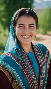 A Tajik woman 30 years old stands gracefully, showcasing her traditional attire against a breathtaking backdrop of mountains and lush green fields, reflecting her cultural roots. Generated by AI.