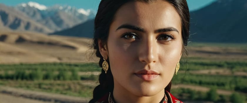 A Tajik woman 30 years old stands gracefully, showcasing her traditional attire against a breathtaking backdrop of mountains and lush green fields, reflecting her cultural roots. Generated by AI.