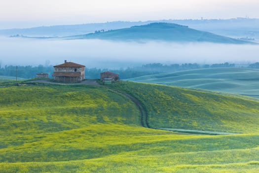 Morning fog view on farmhouse at Valley d?Orcia in Tuscany, Italy
