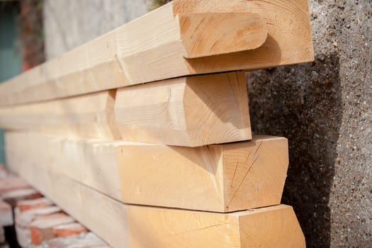Construction of new wooden house. Beams frame close up shot with a selective focus
