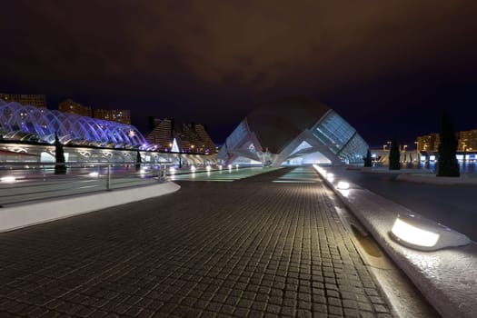 VALENCIA, SPAIN - DECEMBER 23, 2010: Night View of Valencia architectural complex City of Arts and Sciences (Ciudad de las Artes y las Ciencias) designed by Santiago Calatrava