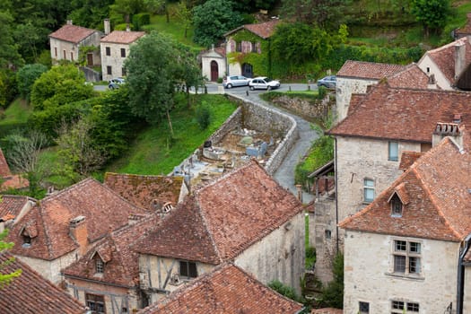 French small town Saint-Cirq Lapopie view from above. Horizontal shot