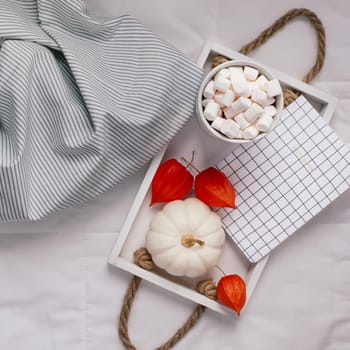 Creative Top view flat lay sill life autumn composition. Hot cacao coffee chocolate with marshmallows mug pumpkins on tray in bed. Square Concept fall cozy warm home comfort morning natural light