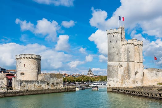 Old Harbour towers of ancient fortress of La Rochelle France