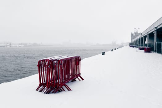 Antwerp Embankment in the Snow, Belgium. Toned image