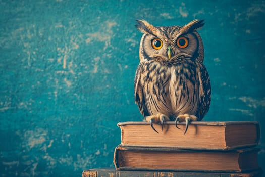 Education and wisdom concept. A wise owl sitting on a pile of old books.  AI generated